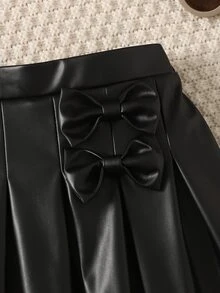 SHEIN 少女秋冬休閒黑色PU可愛蝴蝶結裝飾百褶迷你裙，返校季日常穿著，時尚百搭純色修身休閒百褶裙 - 黑色 - 查看 3