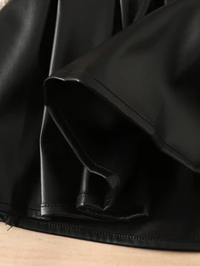 SHEIN 少女秋冬休閒黑色PU可愛蝴蝶結裝飾百褶迷你裙，返校季日常穿著，時尚百搭純色修身休閒百褶裙 - 黑色 - 查看 5