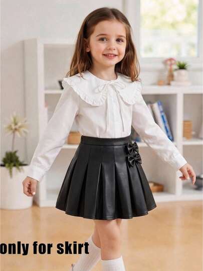 Young Girl Young Girl Autumn/Winter Casual Black PU Cute Bow Decor Pleated Mini Skirt, Back To School, Daily Wear, Fashion Versatile Solid Color Slim Fit Casual Pleated Skirt