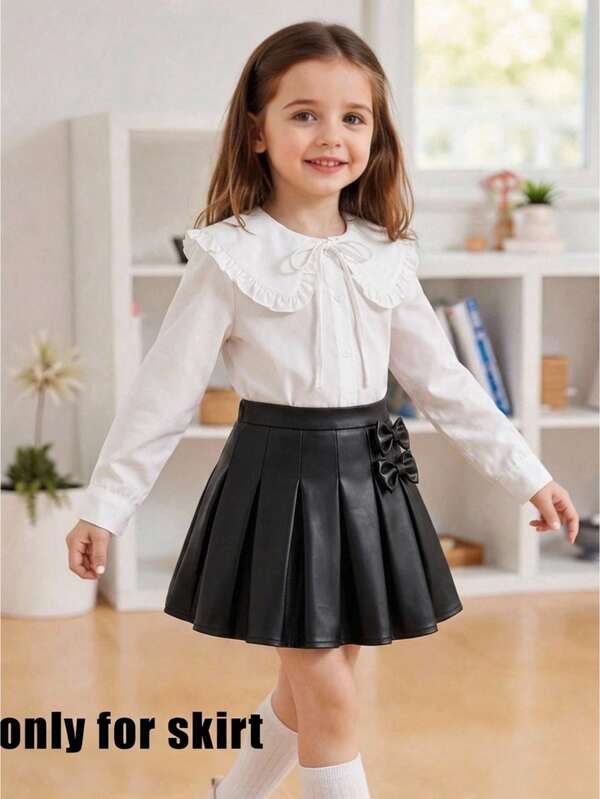 Young Girl Young Girl Autumn/Winter Casual Black PU Cute Bow Decor Pleated Mini Skirt, Back To School, Daily Wear, Fashion Versatile Solid Color Slim Fit Casual Pleated Skirt
