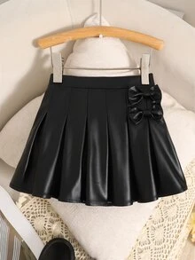 SHEIN 少女秋冬休閒黑色PU可愛蝴蝶結裝飾百褶迷你裙，返校季日常穿著，時尚百搭純色修身休閒百褶裙 - 黑色 - 查看 4