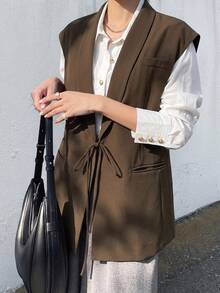 DAZY Solid Color Lapel Collar Business Casual Waistcoat,Fall Clothes Western Outfits For Women - Coffee Brown - View 8