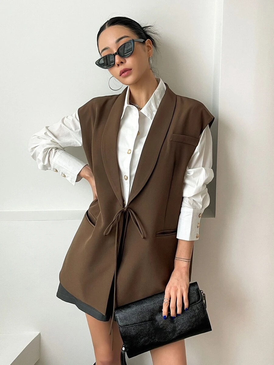 DAZY Solid Color Lapel Collar Business Casual Waistcoat,Fall Clothes Western Outfits For Women - Coffee Brown - View 1