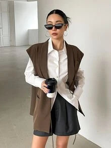 DAZY Solid Color Lapel Collar Business Casual Waistcoat,Fall Clothes Western Outfits For Women - Coffee Brown - View 4