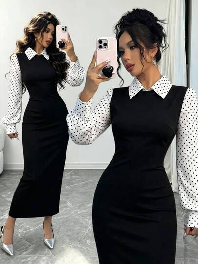 SHEIN Raffinéa Elegant Black Bodycon Fish Tail Dress With Peter Pan Collar, Color Blocking Houndstooth & Puff Sleeves Maxi Women Outfit