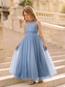 SHEIN Elegant Dusty Blue Summer Wedding Guest Dress For Tween Girl,Flower Mesh Halter Neck Tulle Puffy Princess Midi Dress For Prom,Graduation,Party - Light Grey - View 1