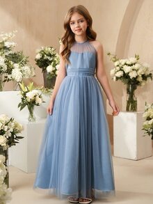 SHEIN Elegant Dusty Blue Summer Wedding Guest Dress For Tween Girl,Flower Mesh Halter Neck Tulle Puffy Princess Midi Dress For Prom,Graduation,Party - Light Grey - View 7