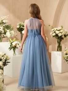 SHEIN Elegant Dusty Blue Summer Wedding Guest Dress For Tween Girl,Flower Mesh Halter Neck Tulle Puffy Princess Midi Dress For Prom,Graduation,Party - Light Grey - View 2