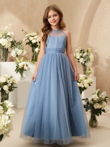 SHEIN Elegant Dusty Blue Summer Wedding Guest Dress For Tween Girl,Flower Mesh Halter Neck Tulle Puffy Princess Midi Dress For Prom,Graduation,Party - Light Grey - View 4