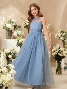 SHEIN Elegant Dusty Blue Summer Wedding Guest Dress For Tween Girl,Flower Mesh Halter Neck Tulle Puffy Princess Midi Dress For Prom,Graduation,Party - Light Grey - View 3