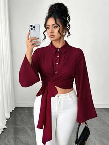Elenzga Kemeja Wanita Ukuran Besar Elegan dengan Kerah Ikat untuk Komuter, Cocok untuk Musim Semi/Panas/Musim Panas/Musim Dingin - Burgundy - View 1
