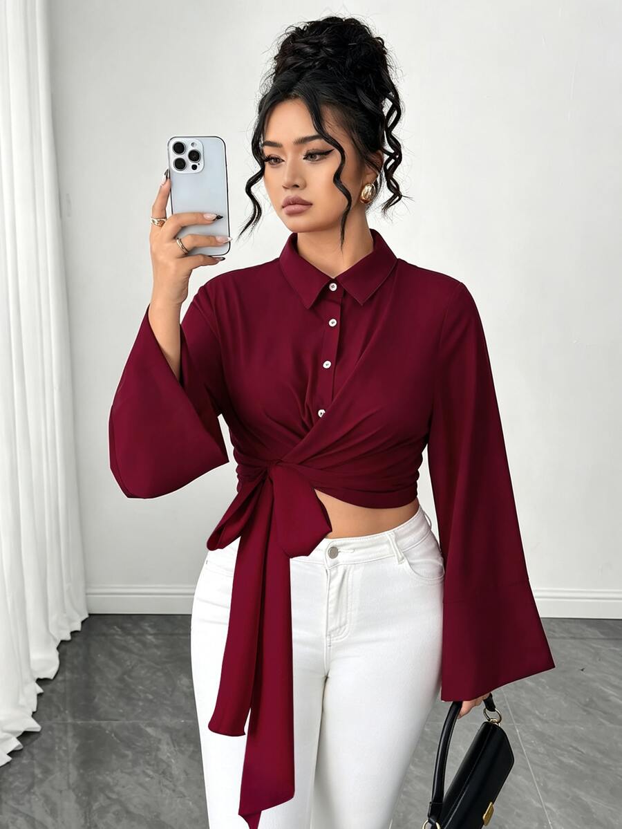 Elenzga Kemeja Wanita Ukuran Besar Elegan dengan Kerah Ikat untuk Komuter, Cocok untuk Musim Semi/Panas/Musim Panas/Musim Dingin - Burgundy - View 1