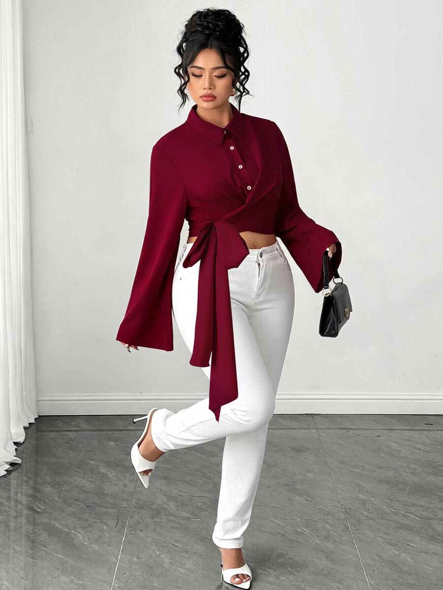 Elenzga Commuter Fashion Elegant Lapel Tie-Up Plus Size Women's Shirt Spring Summer Autumn Winter Fall - Burgundy - View 1