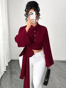 Elenzga Kemeja Wanita Ukuran Besar Elegan dengan Kerah Ikat untuk Komuter, Cocok untuk Musim Semi/Panas/Musim Panas/Musim Dingin - Burgundy - View 5