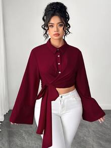Elenzga Kemeja Wanita Ukuran Besar Elegan dengan Kerah Ikat untuk Komuter, Cocok untuk Musim Semi/Panas/Musim Panas/Musim Dingin - Burgundy - View 4