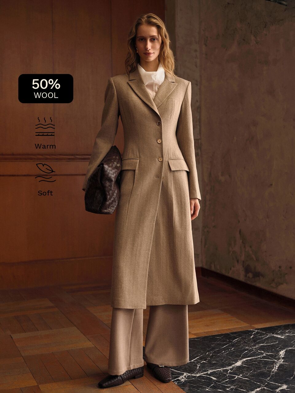 MOTF HERRINGBONE PATTERN LAPEL COLLAR SINGLE BREASTED PLACKET LONGLINE OVERCOAT