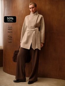 MOTF PREMIUM WOOL DOUBLE-FACED OVERCOAT WITH LARGE LAPEL - Khaki - View 2