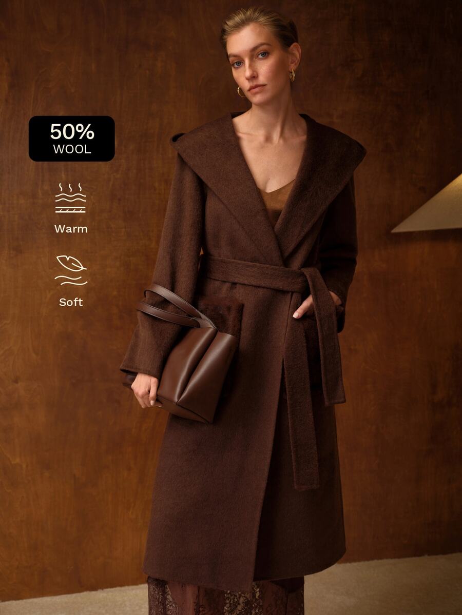 MOTF WOOL SOLID FUZZY PATCH POCKET HOODED BELTED OVERCOAT - Coffee Brown - View 1