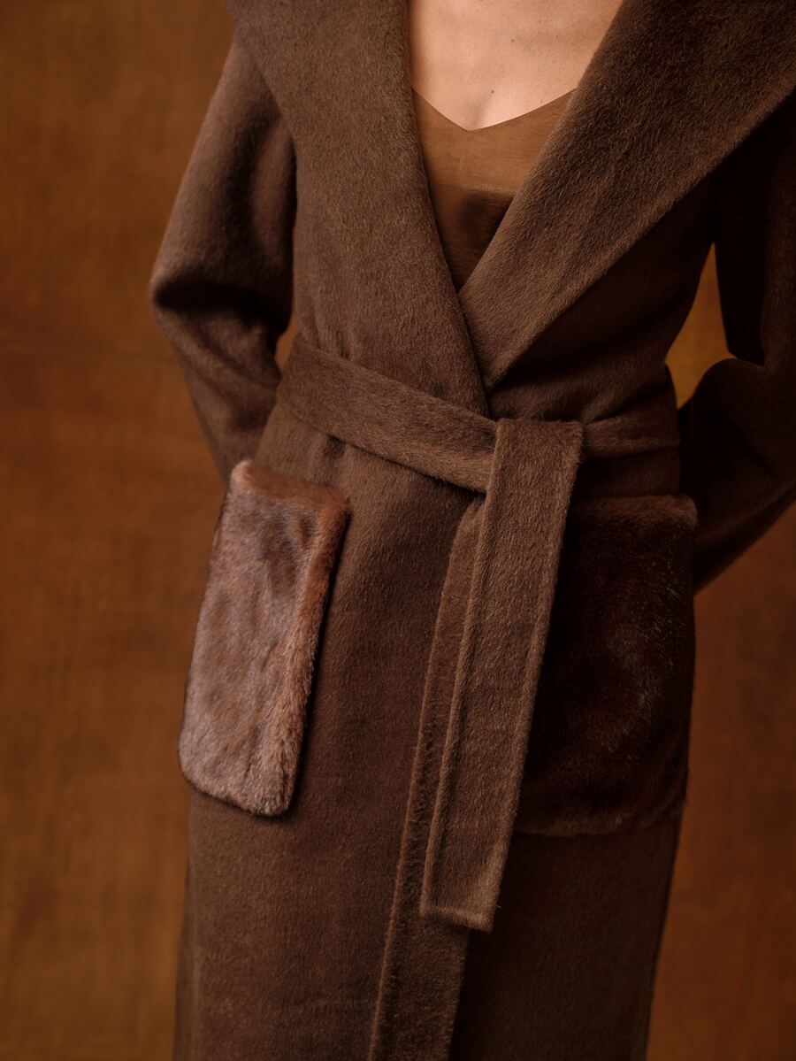 MOTF WOOL SOLID FUZZY PATCH POCKET HOODED BELTED OVERCOAT - Coffee Brown - View 2