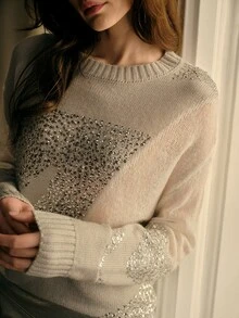 MOTF PREMIUM SEQUIN DETAIL DROP SHOULDER ROUND NECK SWEATER - Grey - View 3