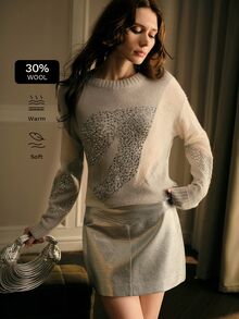 MOTF PREMIUM SEQUIN DETAIL DROP SHOULDER ROUND NECK SWEATER - Grey - View 2