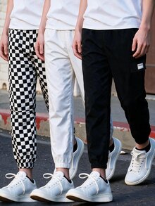 SHEIN 3件組兒童青少年男孩休閒百搭款黑白與棋盤格多色長褲，適合通勤、上學、日常休閒、外出、運動，四季皆宜 - 彩色 - 查看 2