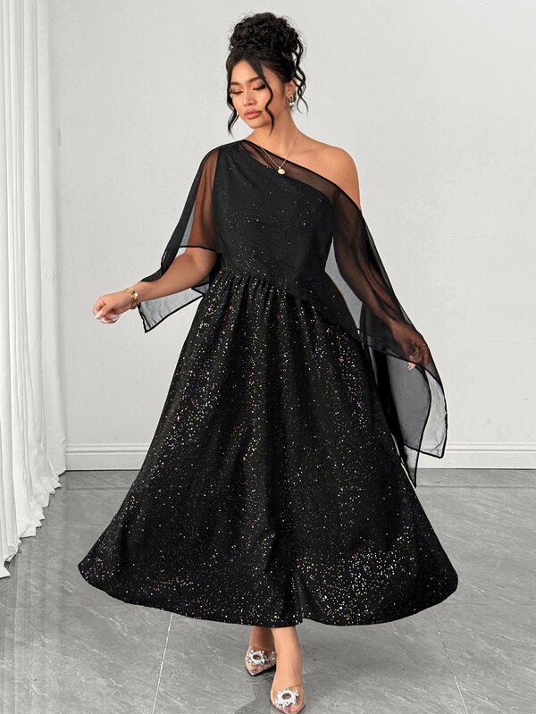 Elenzga Chiffon Cape 2-Way Wear Asymmetric Shoulder Silver Foil Party Maxi Sparkly Dress Dress