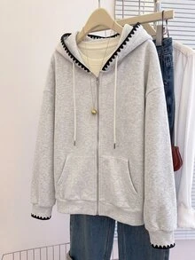 GlowEve CURVE Plus Size Casual Hooded Sweatshirt With Pockets, Thermal Lined, Thick, Embroidered, Grey - Grey - View 3