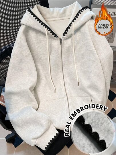 GlowEve CURVE Plus Size Casual Hooded Sweatshirt With Pockets, Thermal Lined, Thick, Embroidered, Grey
