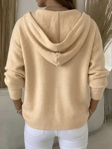 LUMIGAL Jaket Wanita Lengan Panjang Warna Polos Kancing Tunggal Kasual Berkerudung Potongan Reguler - Khaki - View 3