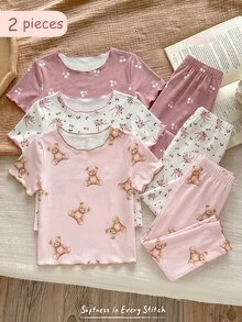 SHEIN 女童睡衣套裝 2 件組，甜美櫻桃、泰迪熊、碎花波浪下擺圓領短袖上衣與長褲睡衣 - 彩色 - 查看 6