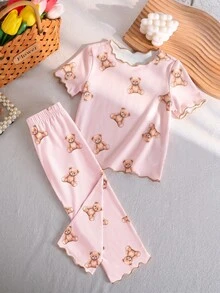 SHEIN 女童睡衣套裝 2 件組，甜美櫻桃、泰迪熊、碎花波浪下擺圓領短袖上衣與長褲睡衣 - 彩色 - 查看 3