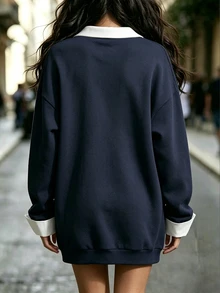 Trelyra Colorblock Casual Preppy White Versatile Women's Mid-Length Dress School Fall - Navy Blue - View 2