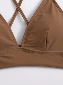 Swim Basics 女士简约纯色交叉露背泳衣上装，夏季 - 巧克力棕 - 查看 4