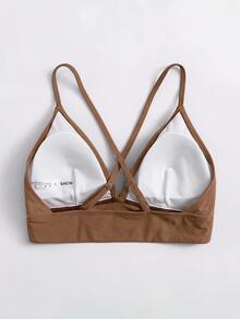 Swim Basics 女士简约纯色交叉露背泳衣上装，夏季 - 巧克力棕 - 查看 2