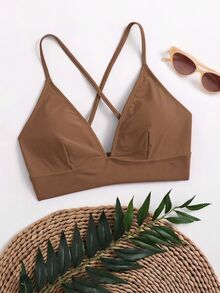 Swim Basics 女士简约纯色交叉露背泳衣上装，夏季 - 巧克力棕 - 查看 5