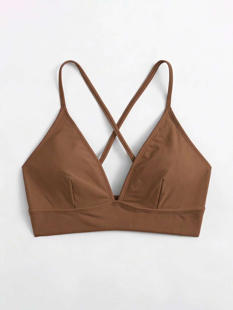 Swim Basics 女士简约纯色交叉露背泳衣上装，夏季 - 巧克力棕 - 查看 1