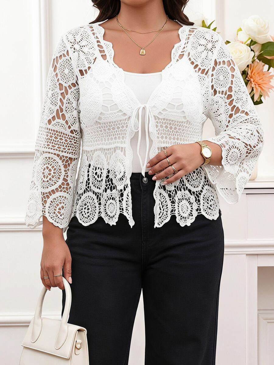 Reflora Plus Size Women's Front Tie Vacation Knit Cardigan Winter Fall Autumn