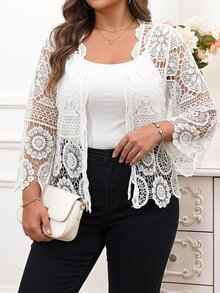 Reflora Plus Size Women's Front Tie Vacation Knit Cardigan Winter Fall Autumn - White - View 4
