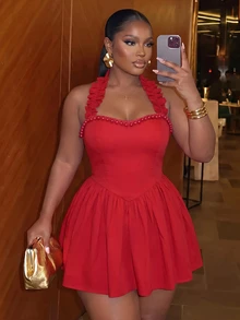 Veslaya Gaun Mini Tanpa Lengan Leher Halter Warna Merah Polos Pas Badan Elegan Seksi untuk Kencan Malam Musim Panas, Pesta Koktail Malam Hari, Gaun Pesta Formal - Merah - View 4