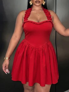 Veslaya Gaun Mini Tanpa Lengan Leher Halter Warna Merah Polos Pas Badan Elegan Seksi untuk Kencan Malam Musim Panas, Pesta Koktail Malam Hari, Gaun Pesta Formal - Merah - View 11
