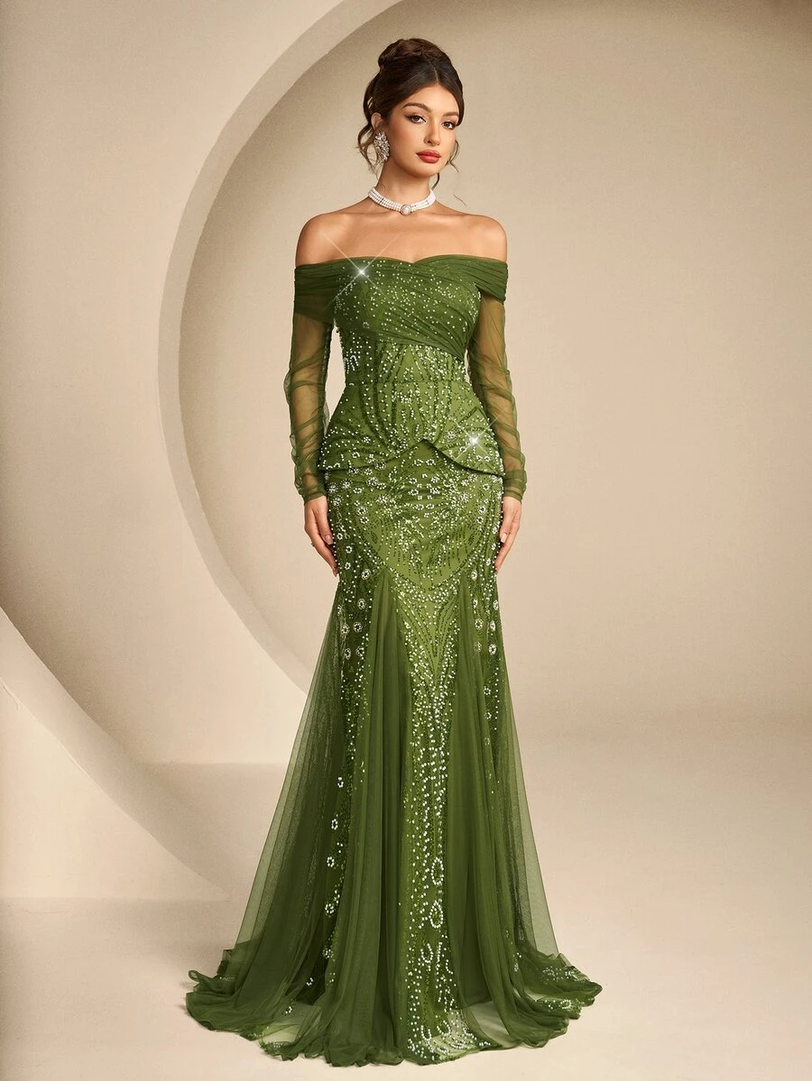 Coutiva Off-Shoulder Asymmetrical Ruched Long Sleeve Lace 2 In 1 Fitted Mermaid Maxi Dress - Green - View 1