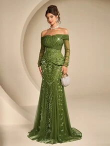 Coutiva Off-Shoulder Asymmetrical Ruched Long Sleeve Lace 2 In 1 Fitted Mermaid Maxi Dress - Green - View 3