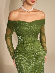 Coutiva Off-Shoulder Asymmetrical Ruched Long Sleeve Lace 2 In 1 Fitted Mermaid Maxi Dress - Green - View 5