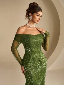 Coutiva Off-Shoulder Asymmetrical Ruched Long Sleeve Lace 2 In 1 Fitted Mermaid Maxi Dress - Green - View 6