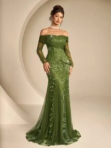Coutiva Off-Shoulder Asymmetrical Ruched Long Sleeve Lace 2 In 1 Fitted Mermaid Maxi Dress - Green - View 4