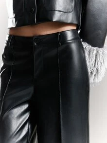 BAD SUNDAY Women's Low Waist PU Straight Leg Pants, Y2K Millennium Style, Sexy Versatile, Suitable For All Seasons - Black - View 5