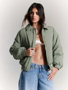 BAD SUNDAY Abrigo acolchado de hombros caídos estilo streetwear oversize para mujer, estilo versátil Y2K Millennium para otoño/invierno, verde salvia - Verde militar - Ver 1