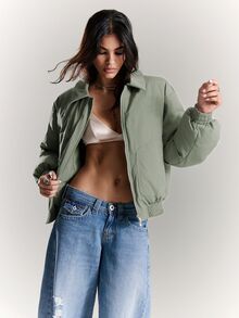 BAD SUNDAY Abrigo acolchado de hombros caídos estilo streetwear oversize para mujer, estilo versátil Y2K Millennium para otoño/invierno, verde salvia - Verde militar - Ver 4