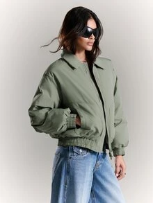 BAD SUNDAY Abrigo acolchado de hombros caídos estilo streetwear oversize para mujer, estilo versátil Y2K Millennium para otoño/invierno, verde salvia - Verde militar - Ver 5